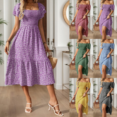Womens Boho Floral Swing Midi Dress Ladies Summer Holiday Beach A-line Sundress