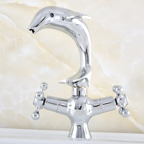 Chrome Brass Bathroom Dolphin Swivel Spout Dual Cross Handles Sink Basin Faucet - Picture 6 of 7