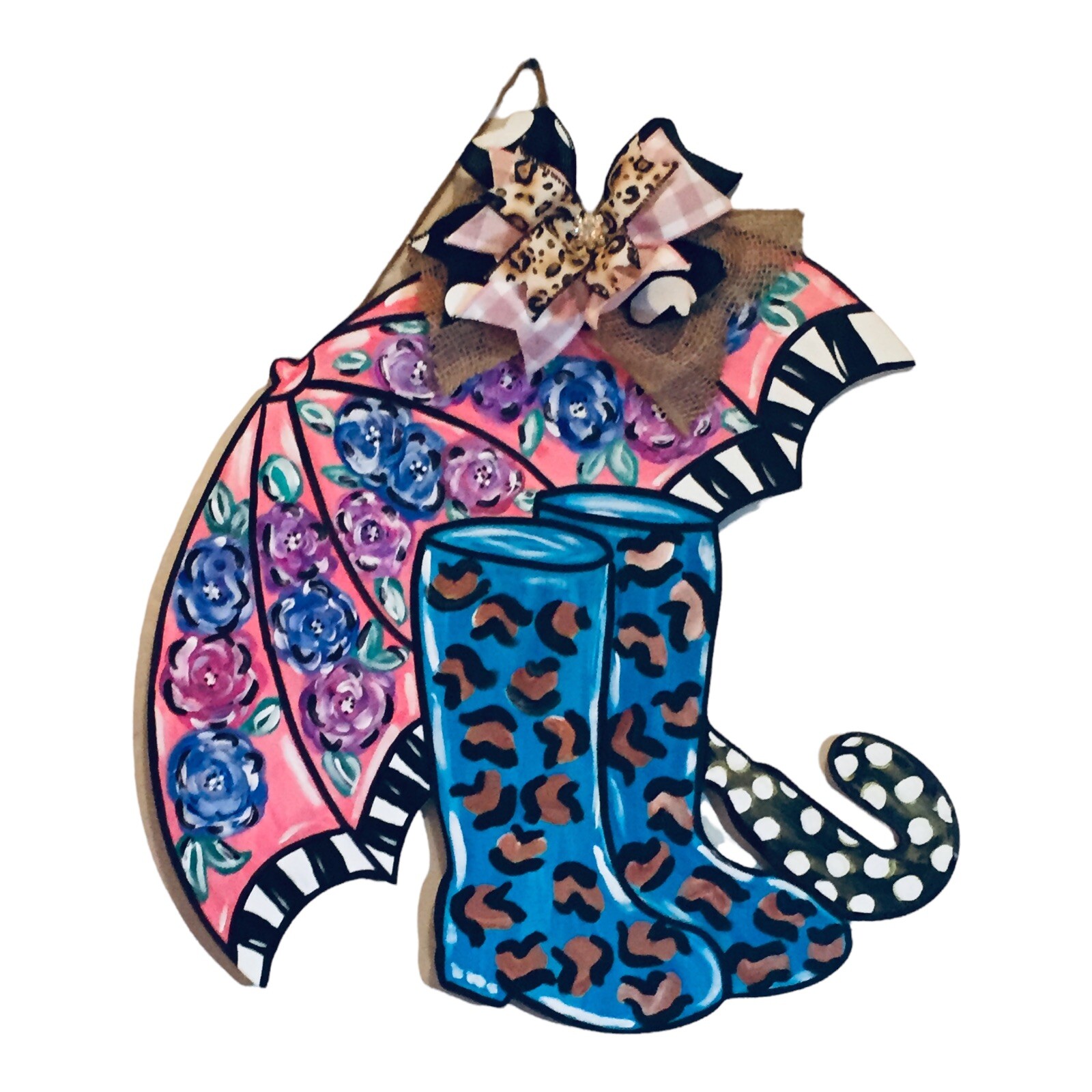 Leopard Rain Boots and Umbrella Door Hanger - Handmade Personalized Wall Art-image