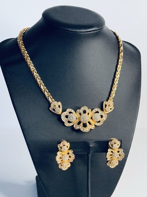 Christian Dior Vintage Necklace with Earrings Flower Gold Tone Rhinestone Auth