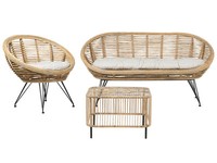 3-Sitzer Lounge Set 3-Teilig Rattan NatüRlich Auflagen Beige Metallbeine Maratea