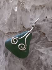 Hawaiian Jewelry Sea Glass Necklace, Wire Wrap Pendant   Green           