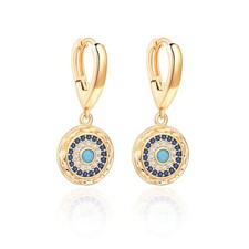 18K Gold Round Evil Eye Dangle Hoop Earrings for Women Small Micro-inlaid Cubic