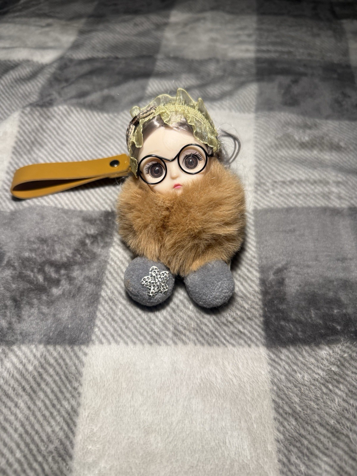 Fluffy Sleeping Baby Doll Keychain with Glasses