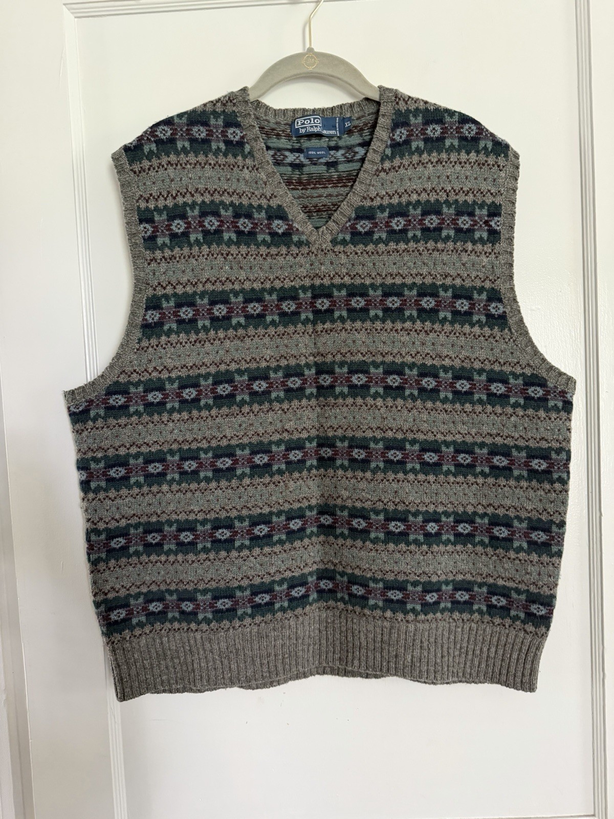 Vintage Polo Ralph Lauren Fair Isle Wool Sweater Vest Mens XL Gray Excellent