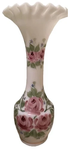 Vtg Milk Glass Rainbow Art Glass Hand Painted Rose Fluted Vase 11"