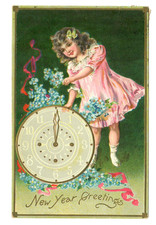 c.1908 Tuck&rsquo;s &ldquo;New Year Greetings&rdquo; Postcard &ndash; Girl & Clock &ndash; Iola, Kansas (C045)