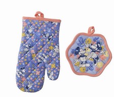 Disney Mickey Minnie Blue Floral Oven Mitt Pot Holder Set 2 Pc