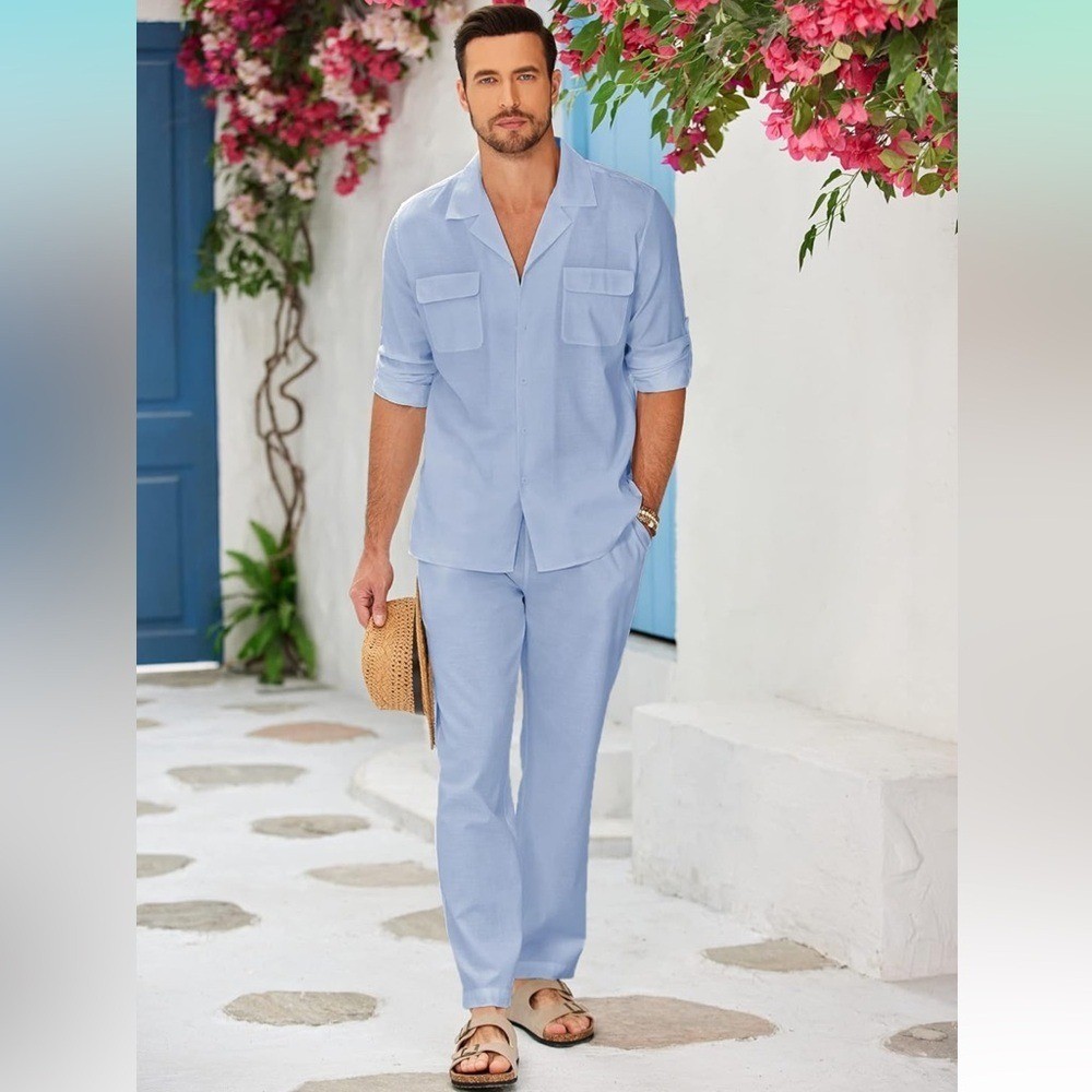 Coofandy Mens 2 Piece Linen Set Button Down Shirt and Pants Clear Blue Small