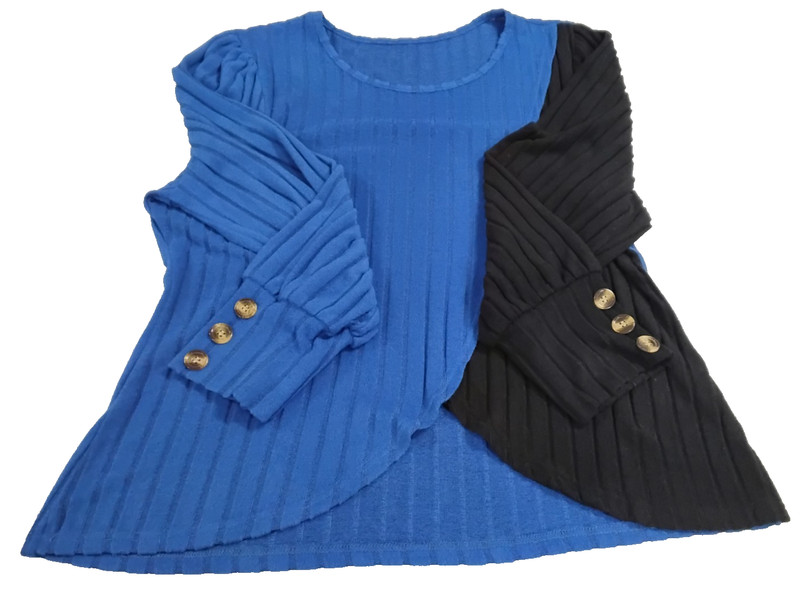 Unbranded Round Neck Long Sleeve Color Block Soft Knit Sweater-Black/Blue - 2X