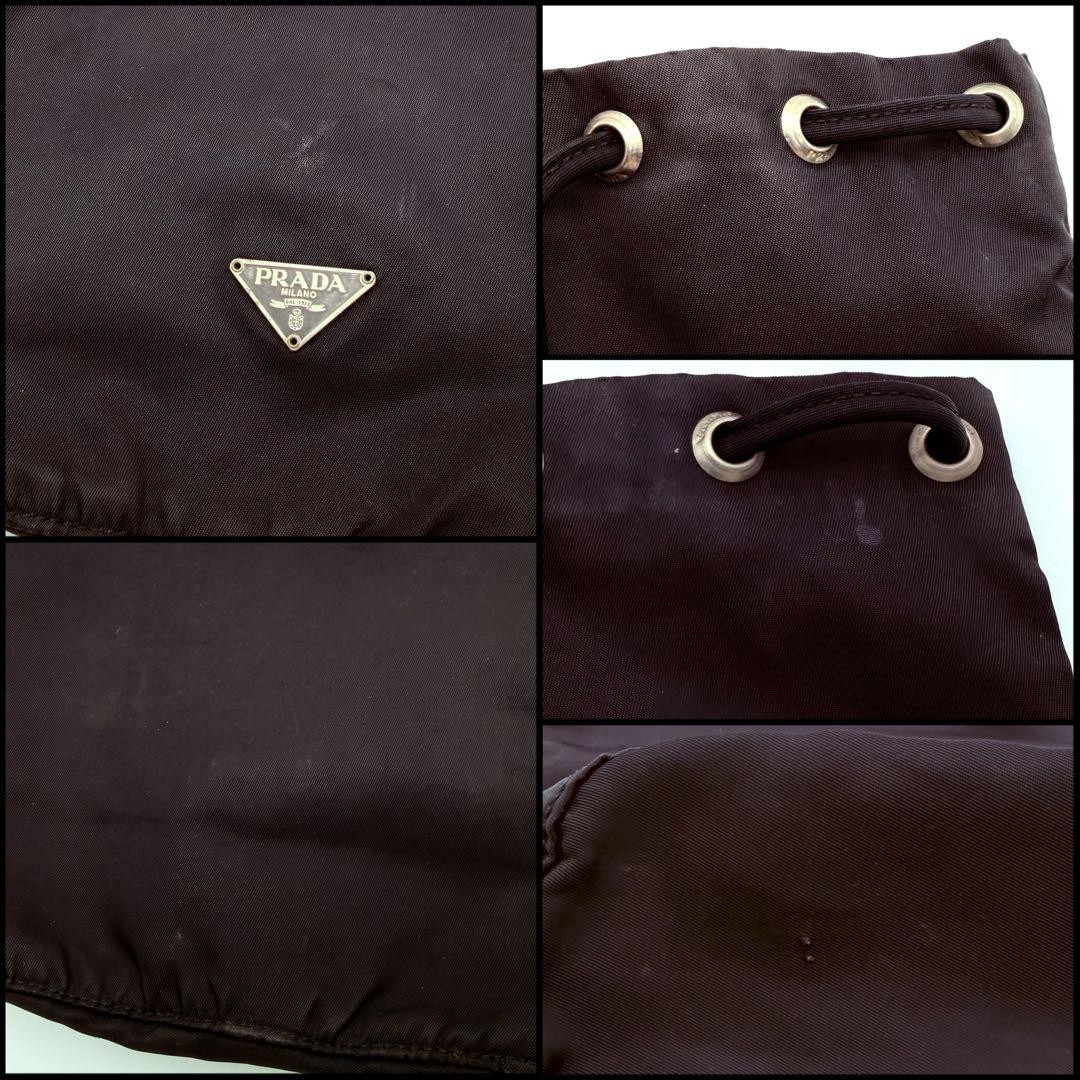 PRADA Triangle Logo Nylon Drawstring Pouch Leather Handbag Black thumbnail 7