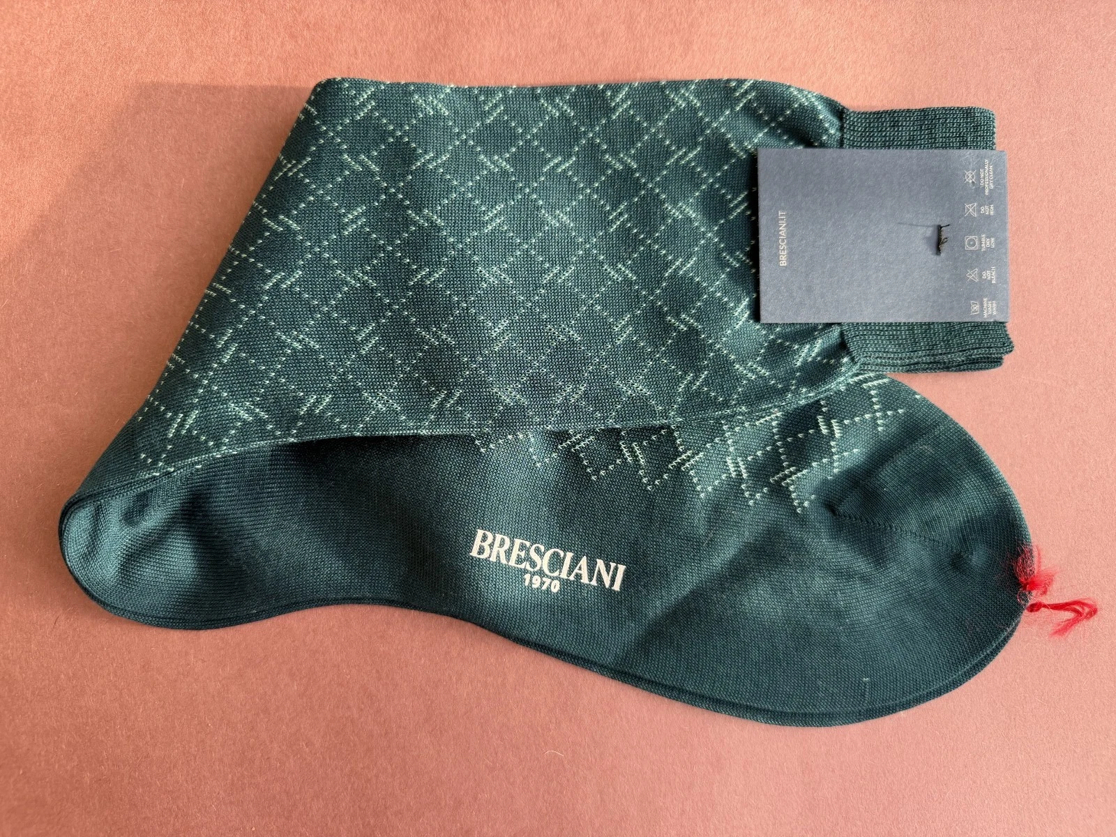 Italian Men's Bresciani Socks NWT Cotton Dark Green w/White Stitch Geo Design
