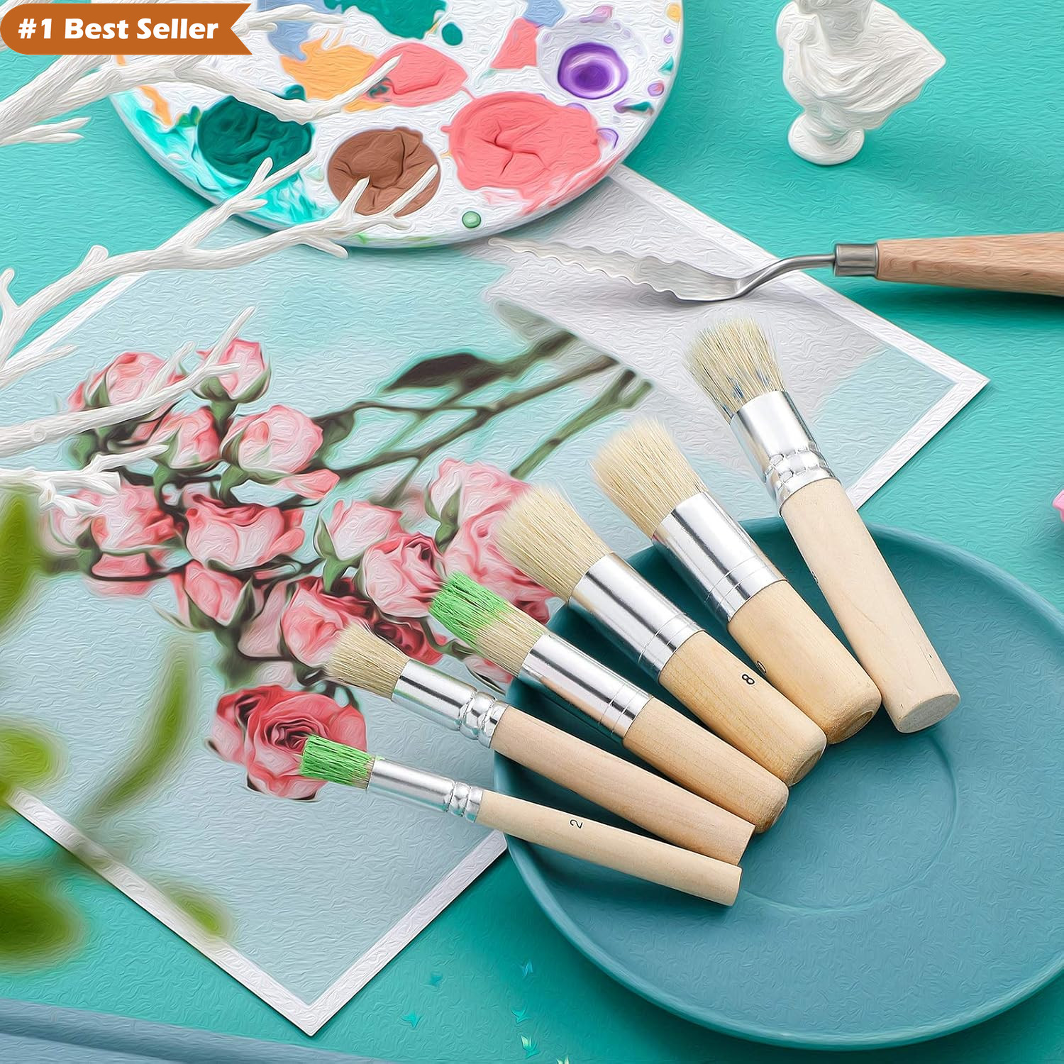 6-Piece Natural Bristle Stencil Brush Set for Acrylic and Watercolor Art