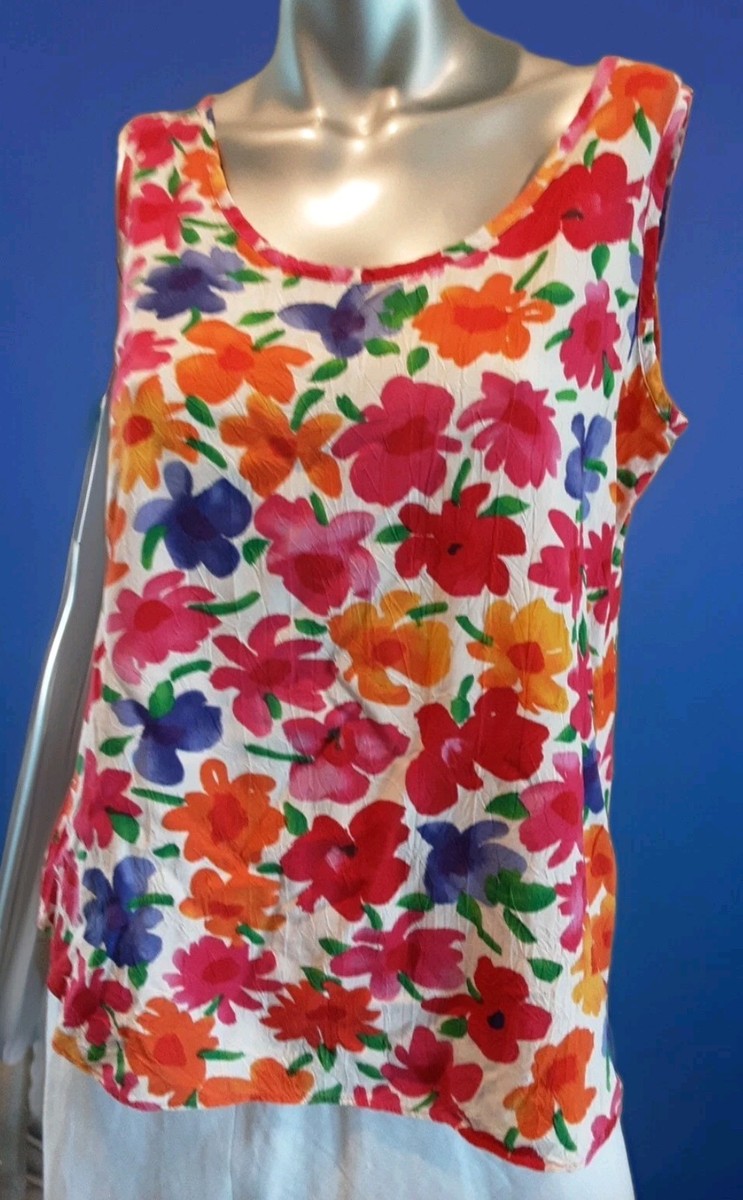JAMS WORLD-Tank Top VTG 90s Boho Beachy Crinkle Rayon Floral