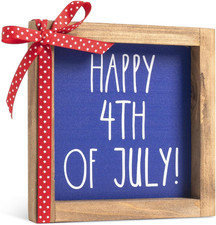 Happy 4Th of July Sign, 6" Blue Wooden Memorial Day Patriotic Decor, American In