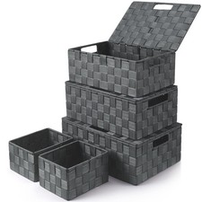 5 Pack Stackable Woven Storage Baskets With Lids BuiltIn Handles Gray