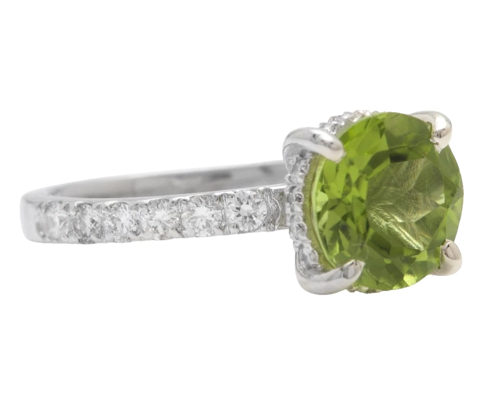 Engagement 2.50 Carats Natural Green Peridot Halo Ring In Solid 14K White Gold - Image 4 of 4