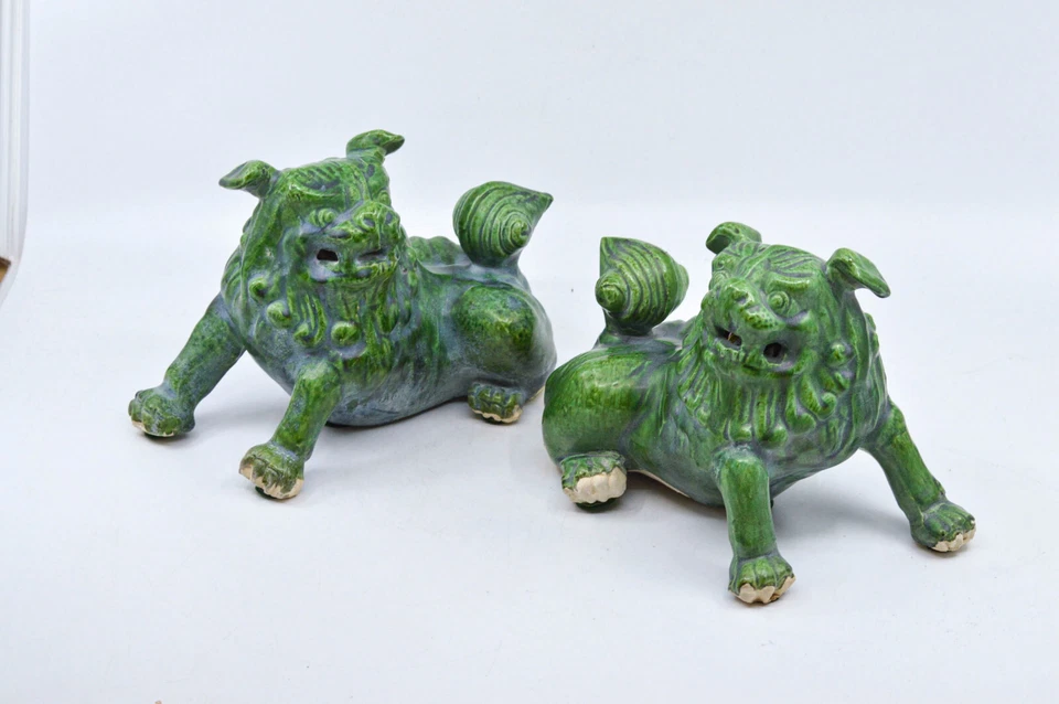 Винтажный, японский, керамический, зеленый, пара львов Fu, фигурки, 5 x 7 дюймов - Изображение 2 из 4