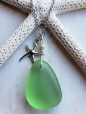 Sea Glass Necklace Jewelry w/ Spring Green Pendant  Silver Starfish Charm