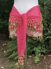 Belly Dance Waist Wrap Scarf Coins Beads in Coral Rose BOHO Gypsy Dance Wrap 55  