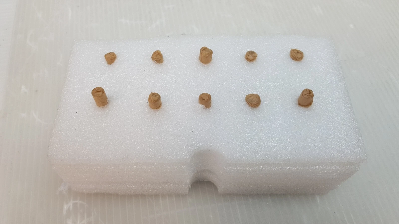Foam tray holding ten small paper-wrapped items
