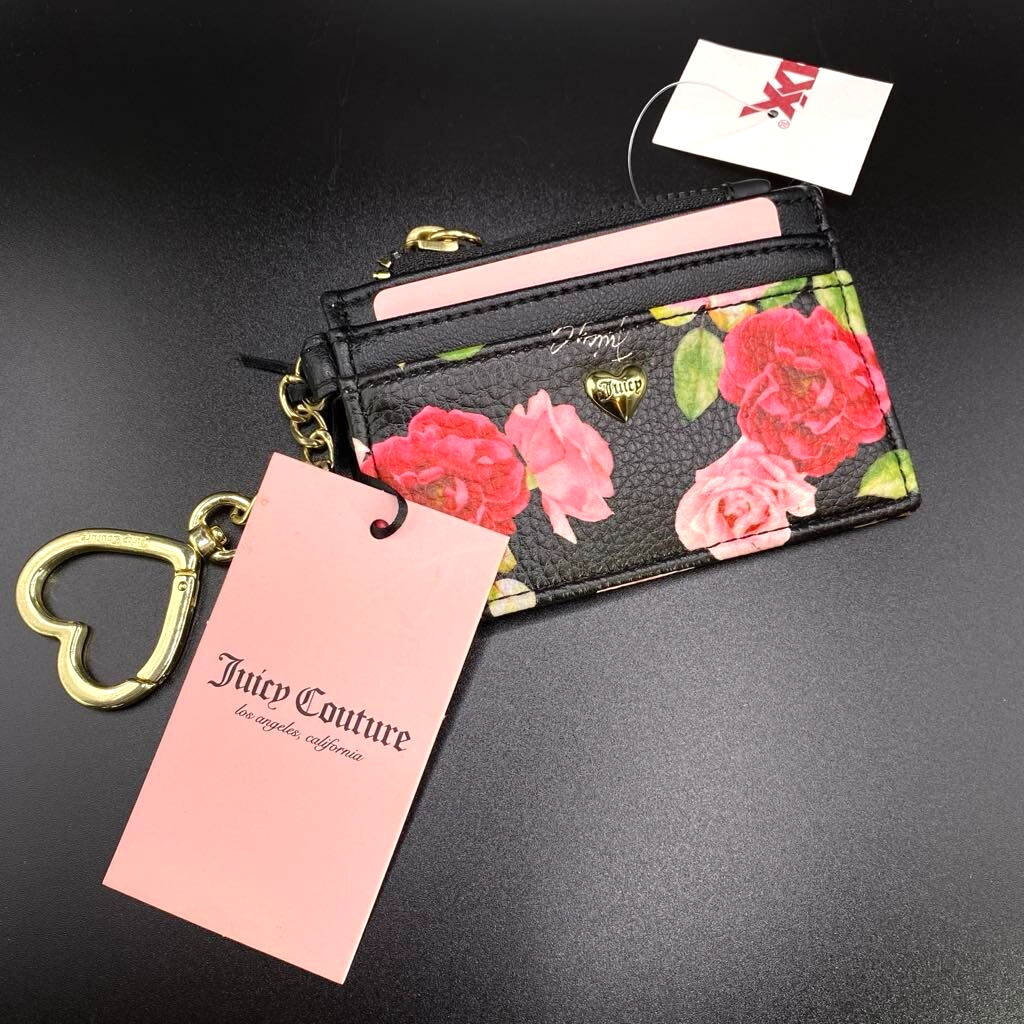 Juicy Couture Black Pink Floral Keychain Card Case Wallet New
