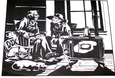 Vintage Lithograph Art Print Two Men Talking Around a Stove Dog 1920s Raised Ink