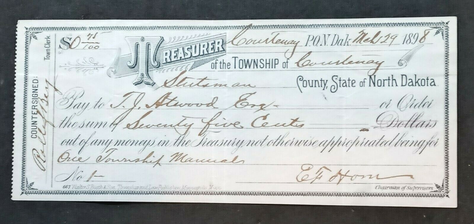 ND  STUTSMAN County  North Dakota  Courtenay Township  1898  Treasury check