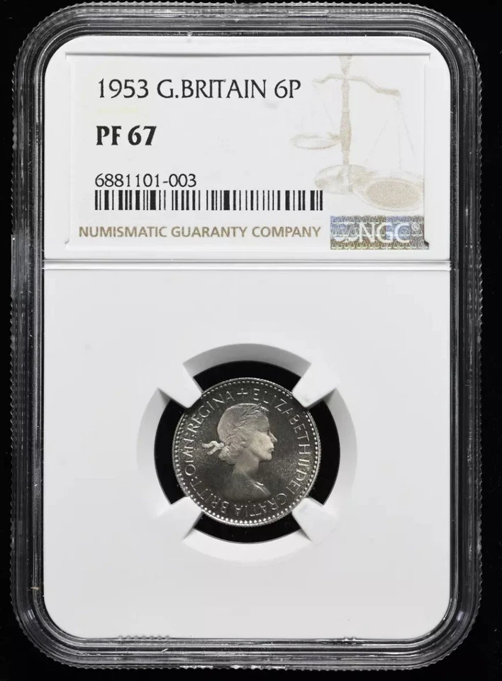 NGC PF67 G BRITAIN 1953 Isabel II Coronación PRUEBA, 6P Moneda de Seis Peniques TOP POP Foto 3 de 4