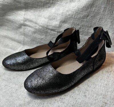 Monkey Feet Womens Silver/blk Leather Ballet Style Flat Shoe Sz