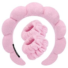 Spa Headbands for Washing Face Wristband Set Sponge Makeup Skincare Pink