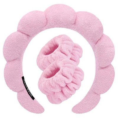 Spa Headbands for Washing Face Wristband Set Sponge Makeup Skincare Pink