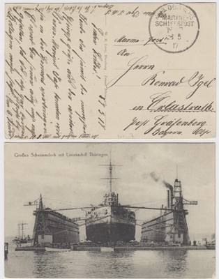 Postcard Dock with SMS Thuringia Marine 1917 MSP 7 Liner SMS Bavaria