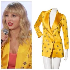 Carolina Herrera Spring 2019 Yellow Satin Jewel Coat as worn by Taylor Swift