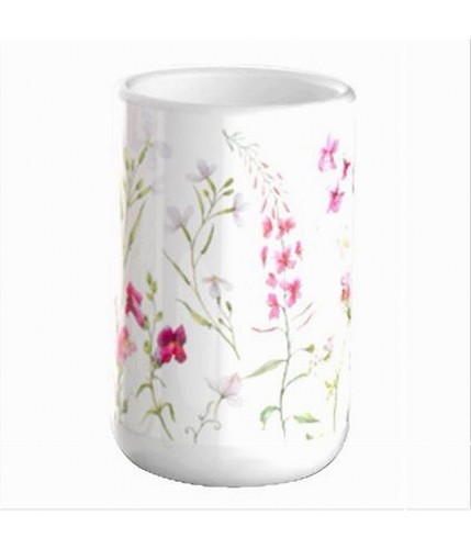 BICCHIERE PORTA SPAZZOLINO BIANCO CON FIORI IN CERAMICA ACCESSORIO BAGNO 69918 - Foto 1 di 3