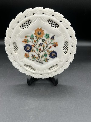 Marble Inlay Round Plate Jali Work Pietra Dura Handmade Decorative Gift  