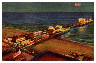 1953 Aerial View Steel Pier At Night Atlantic City New Jersey Vintage Postcard