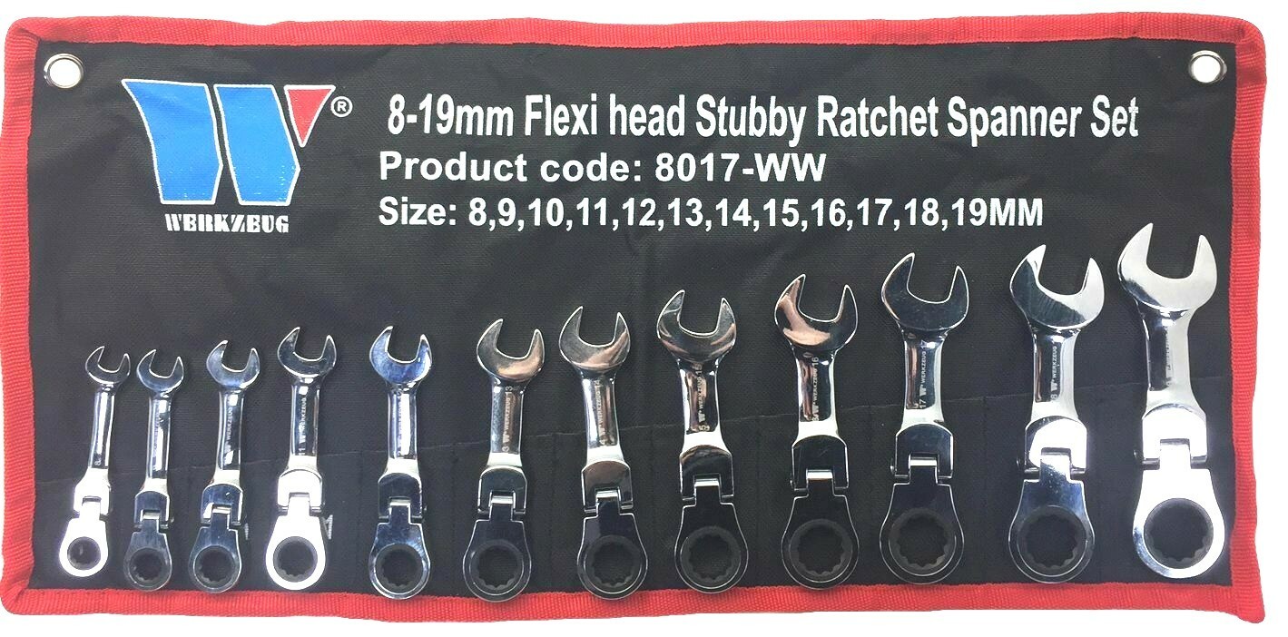 Welzh Werkzeug 12 Piece Flexi Head Stubby Ratchet Spanner Set 72 Teeth 8-19mm