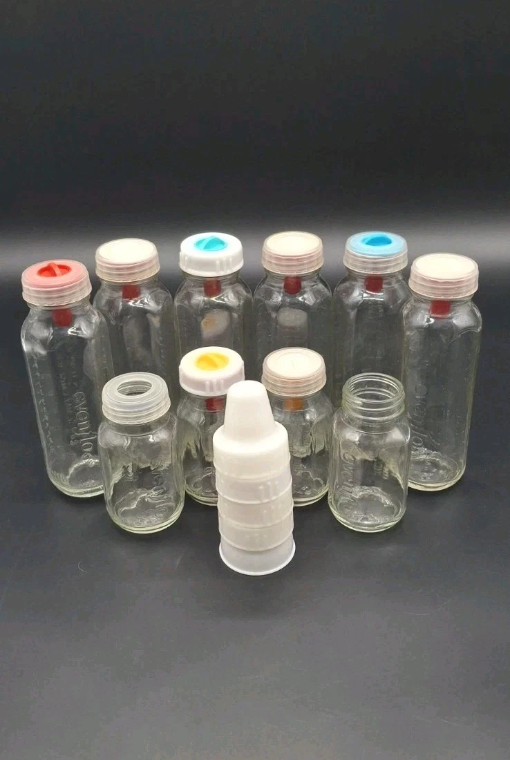 Vtg Evenflo Glass Baby Bottles Lot of Ten (6) 8 oz and (4) 4 oz Seal & Ring*