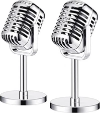 Chivao 2 Pack Retro Microphone Props Model Vintage Stage Table Bright Silver 