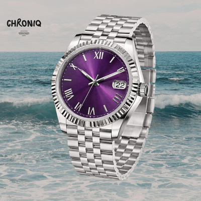 Automatic Date Watch Purple Sunburst Dial Fluted Bezel Jubilee 40mm Steel NH35