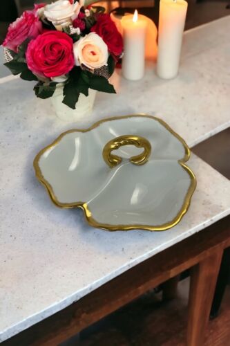 Vintage Ceramic Serving Tray White With Gold Trim Handle 1958 Handmade 7" x 7" - Picture 2 of 6