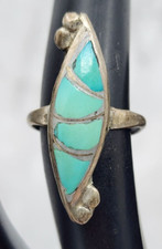 Vintage Zuni Inlay Turquoise Sterling Silver Native American Ring Size 5