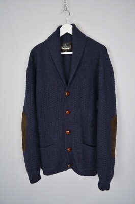 Barbour Men's Moss Shawl Cardigan Navy 100% Wool Elbow Patches Size XL P2P 24''