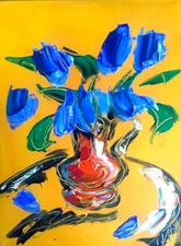 BLUE TULIPS MODERN PAINTING  IMPRESSIONIST CANVAS ORIGINAL OIL CANVAS UV2eefY76E