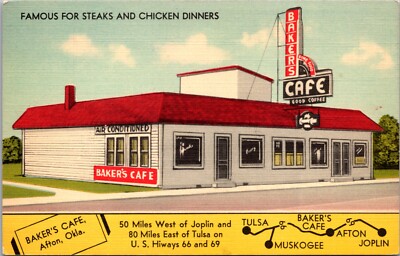 Afton Oklahoma Baker s Cafe Exterior with Map Vintage Linen Postcard