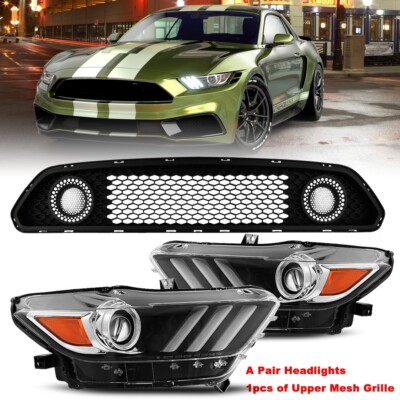 For 2015-2017 Ford Mustang Headlights + Upper Mesh Grille w/ LED DRL Fog Lamps