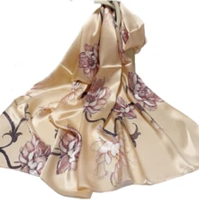100% Silk Scarf Women neckerchief long Shawl Wrap Floral beige pink HD1-154