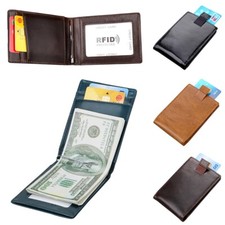 Genuine Leather Mens RFID Short Wallet Foldable Card Holder Cash Clip Slim Purse