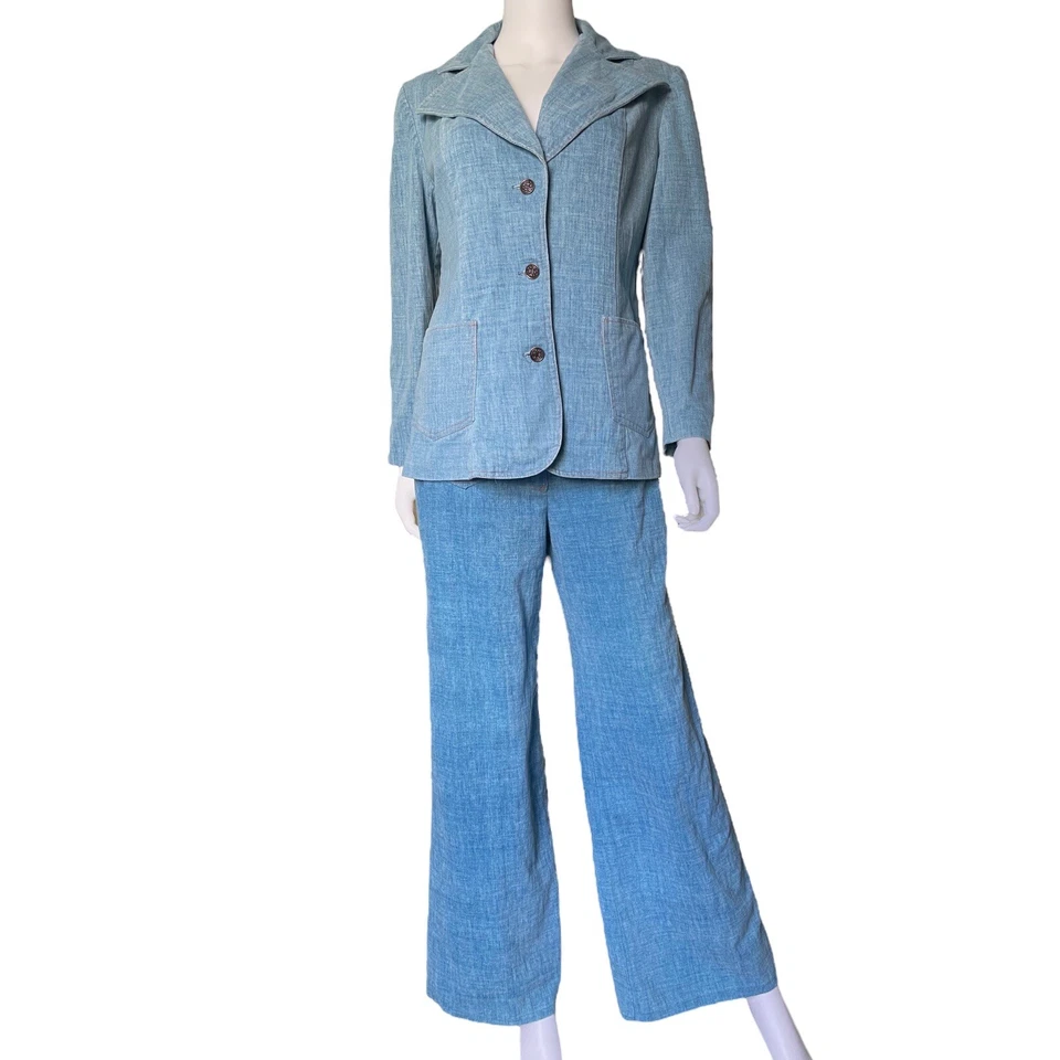 70s Denim Bell Bottom Set, Jacket + Flare Pants Sears 2 Piece, S/M - Image 3 of 4